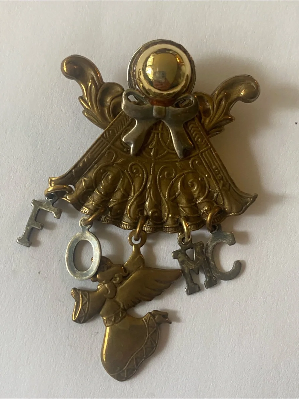 Vintage Gold Angel Brooch with Dangling Letters